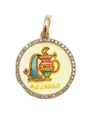 14k Yellow Gold and Silver Aquarius Zodiac Pendant with Diamonds