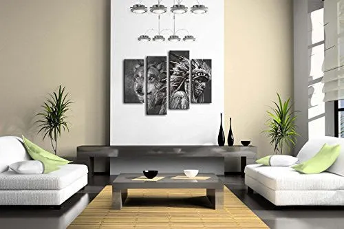 4 PANEL WALL ART BLACK AND WHITE WOLF AND INDIANS PAINTING THE PICTURE PRINT ON CANVAS ANIMAL PICTURES FOR HOME DECOR DECORATION GIFT PIECE (STRETCHED BY WOODEN FRAME,READY TO HANG)