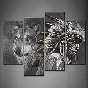 4 PANEL WALL ART BLACK AND WHITE WOLF AND INDIANS PAINTING THE PICTURE PRINT ON CANVAS ANIMAL PICTURES FOR HOME DECOR DECORATION GIFT PIECE (STRETCHED BY WOODEN FRAME,READY TO HANG)