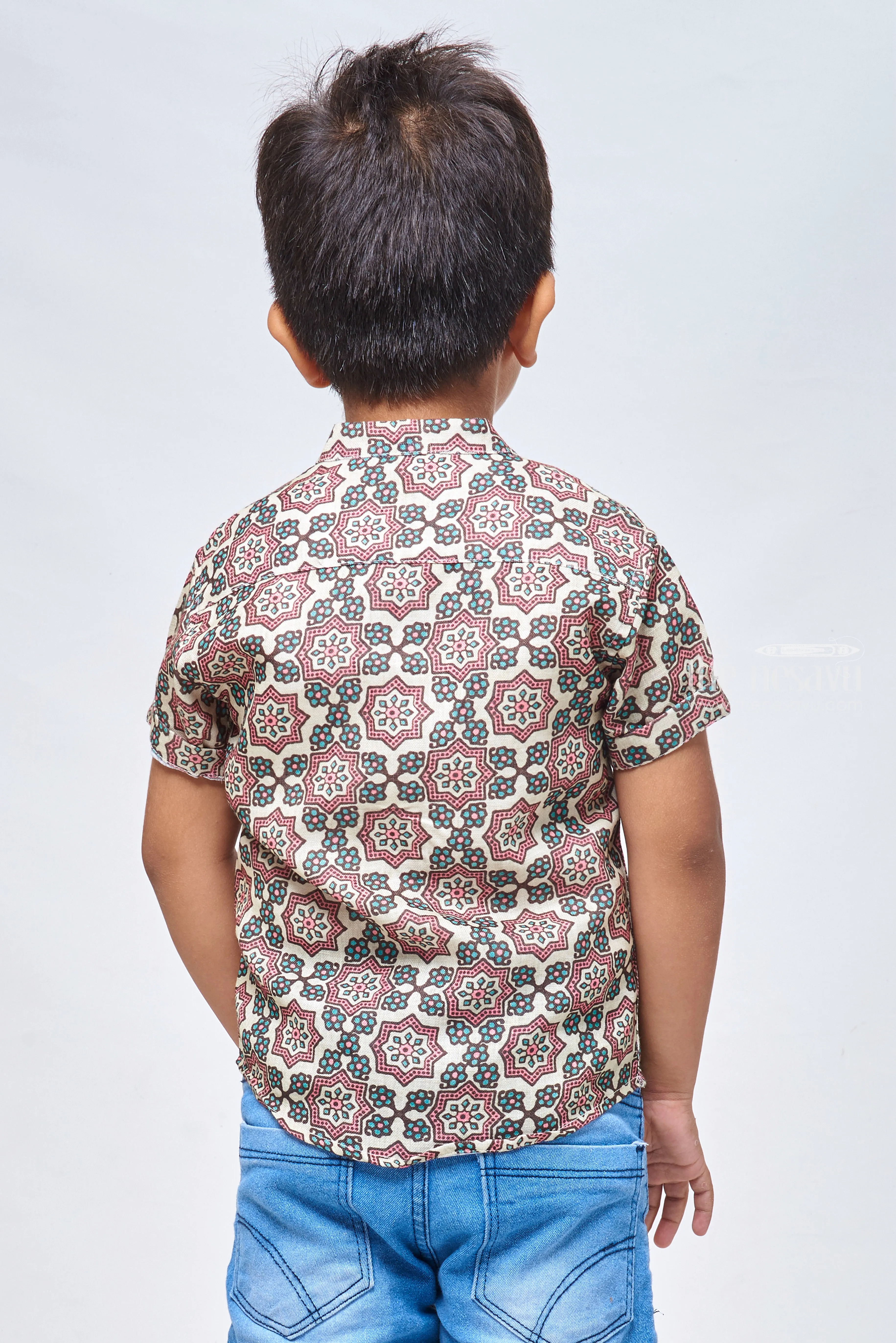 AIA. Boho Chic: Ajrakh Hand Block Print Boys' Shirt for Bohemian Fashion Enthusiasts