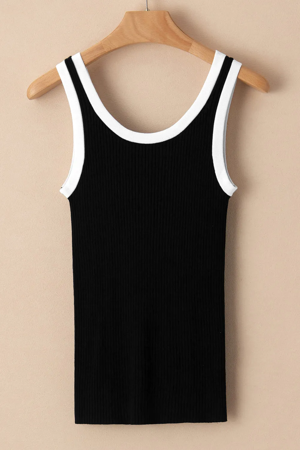 Black Colorblock Edge Ribbed Knit U Neck Tank Top