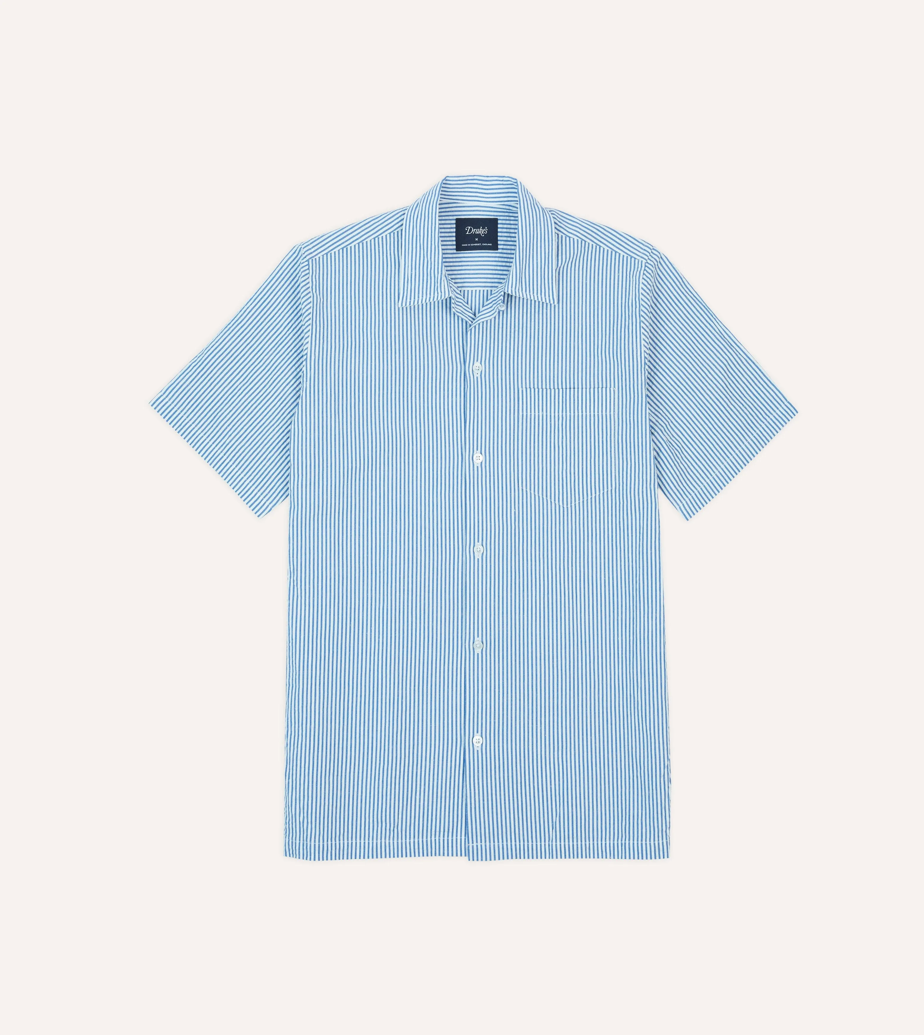 Blue and White Stripe Cotton-Linen Seersucker Camp Collar Short Sleeve Shirt