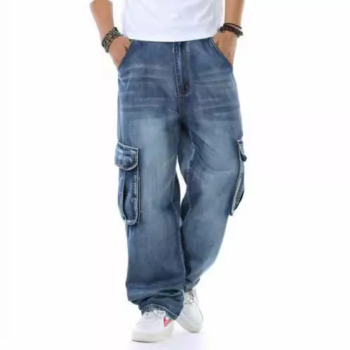 Bonsir 90s fashion men Fat Guy plus Size Fashion Multi-Pocket Wide Jeans plus Size Ins Men's Loose Denim Long Pants