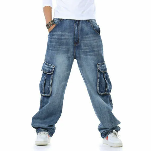 Bonsir 90s fashion men Fat Guy plus Size Fashion Multi-Pocket Wide Jeans plus Size Ins Men's Loose Denim Long Pants