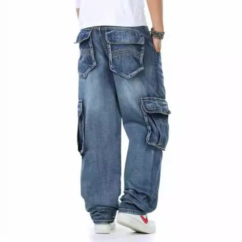 Bonsir 90s fashion men Fat Guy plus Size Fashion Multi-Pocket Wide Jeans plus Size Ins Men's Loose Denim Long Pants