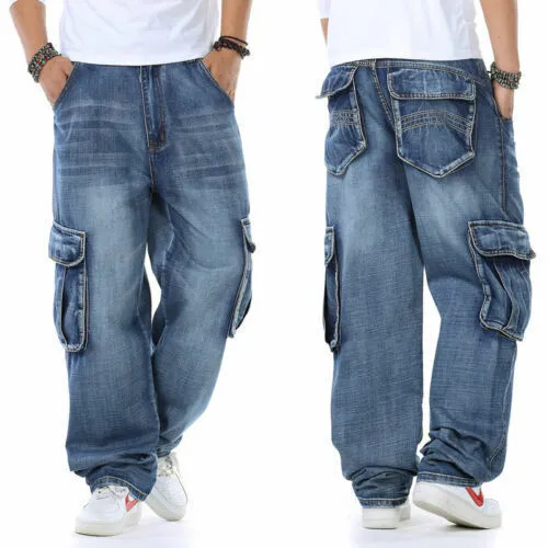 Bonsir 90s fashion men Fat Guy plus Size Fashion Multi-Pocket Wide Jeans plus Size Ins Men's Loose Denim Long Pants