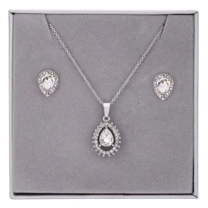 Cubic Zirconia Teardrop Pendant Necklace & Earrings Boxed Set In Silver-Tone