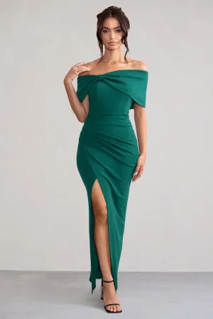 Eva | Green Bardot Bow Detail Maxi Dress With Thigh Split