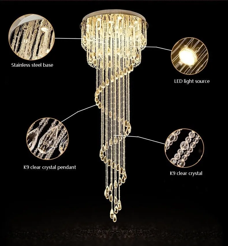 Fancy® Double Spiral Staircase Crystal Chandelier for Loft, Restaurant, Hotel, Hall, Stairwell  D31.5*H78.7"  / warm light (3000K)