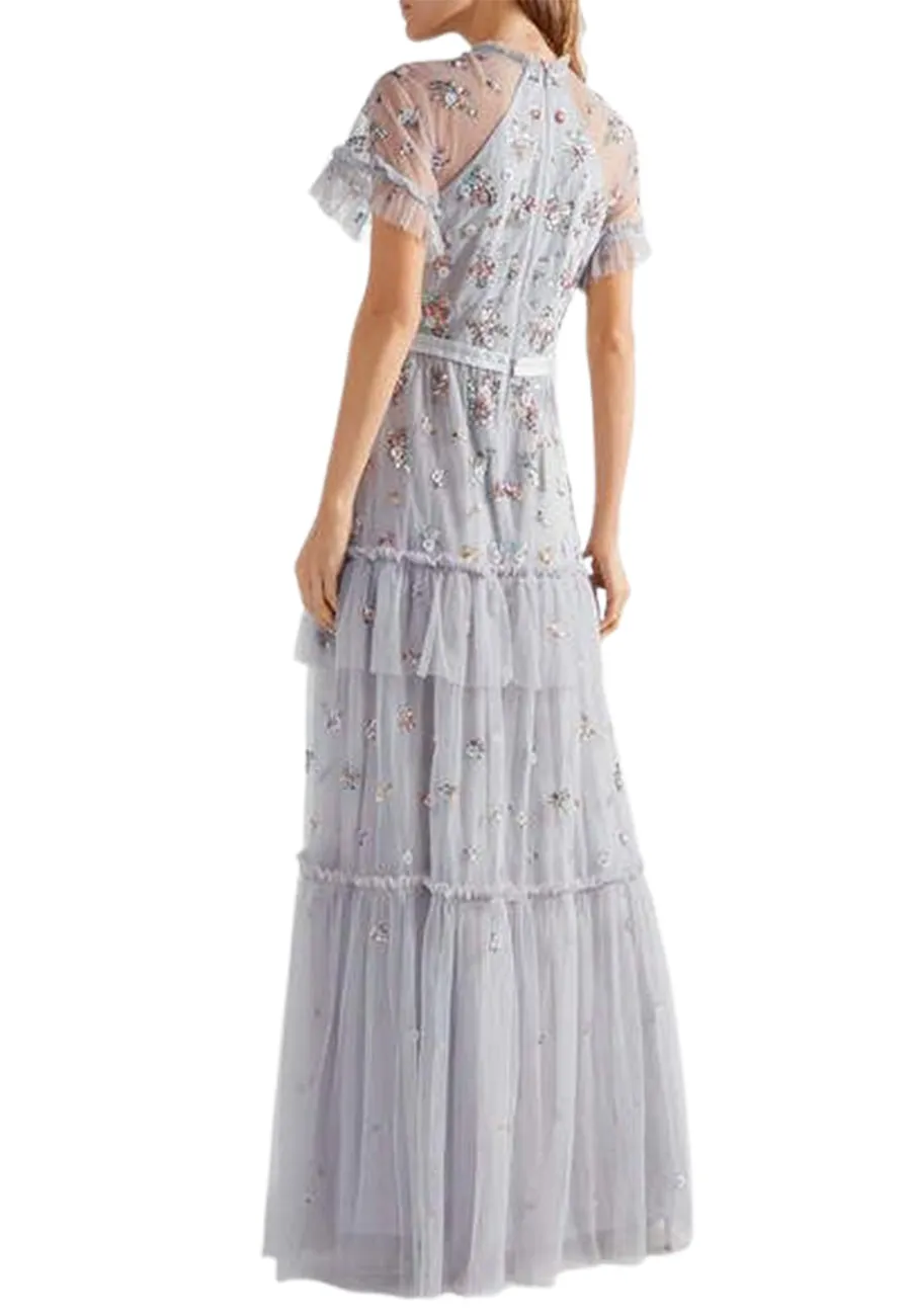 Grey Lustre Short Sleeves Embellished Gown