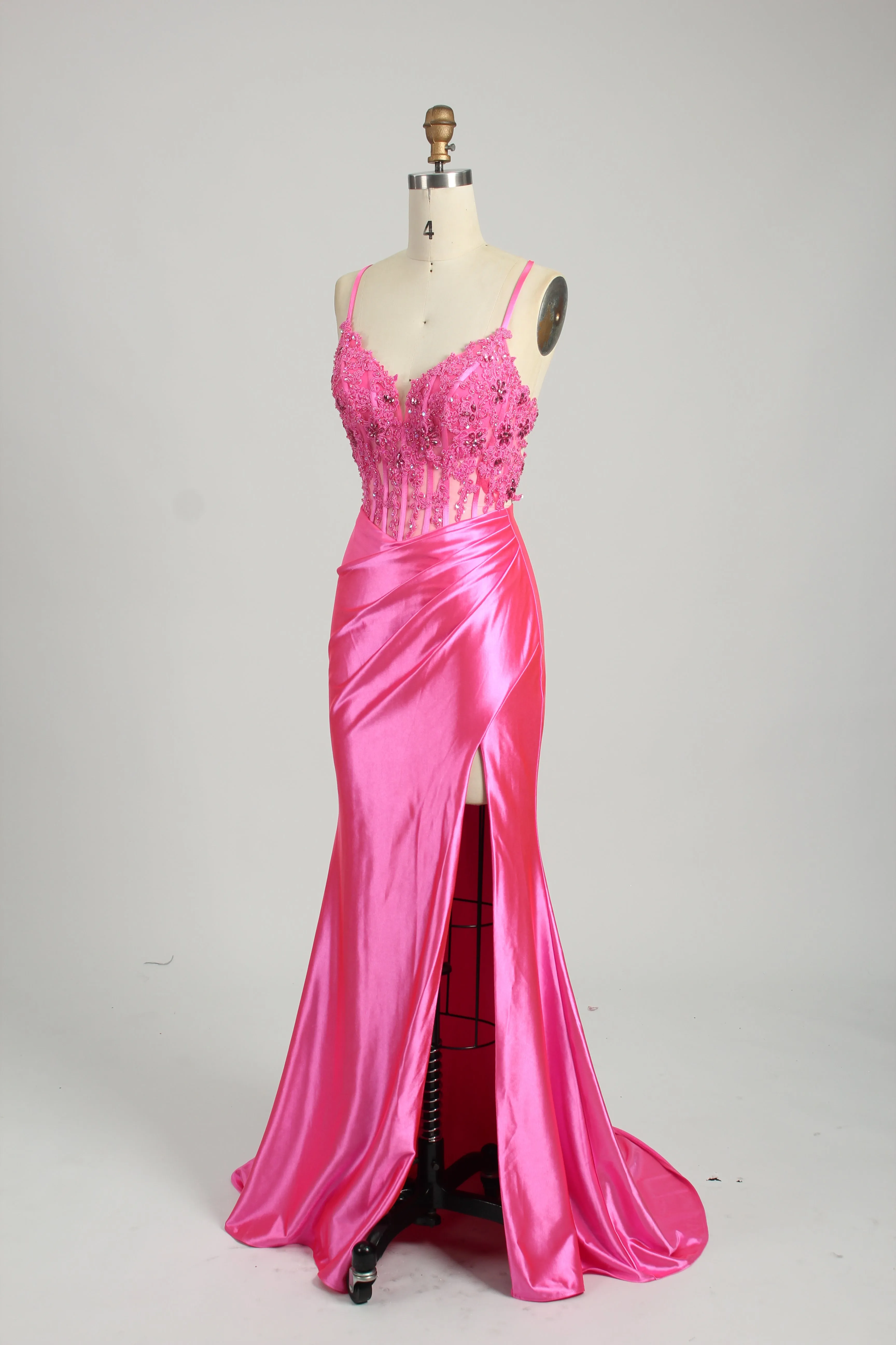 Honey Couture ALORA Fuchsia Hot Pink Embellished Bustier Corset Satin Mermaid Formal Dress