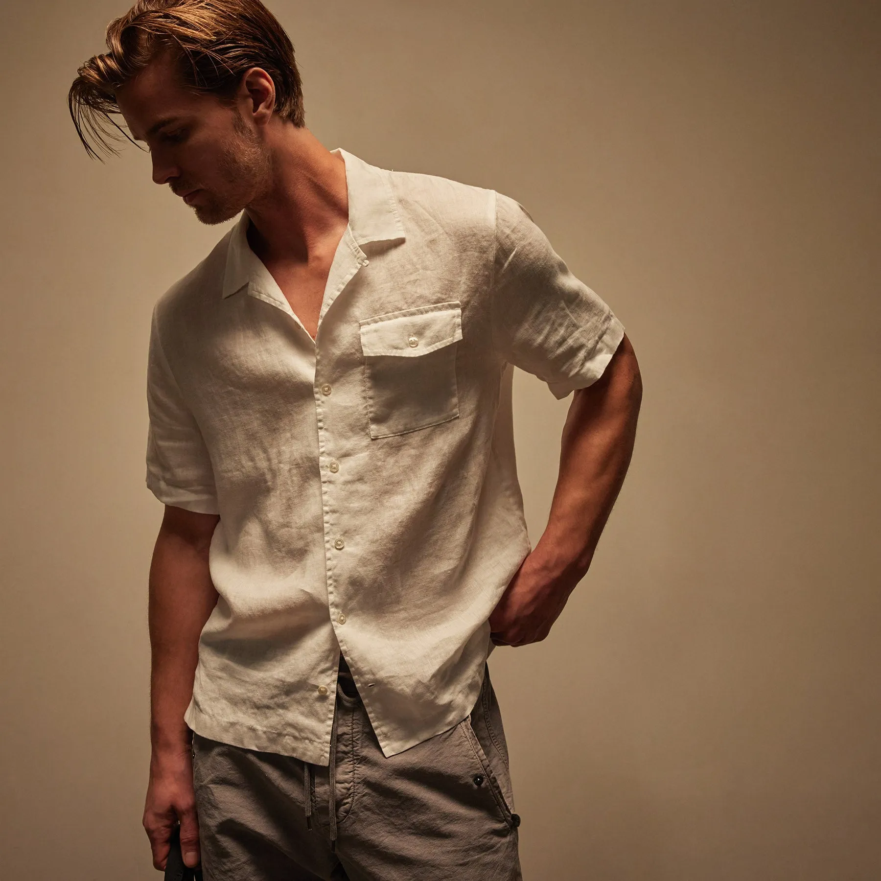 Linen Short Sleeve Pocket Shirt - White