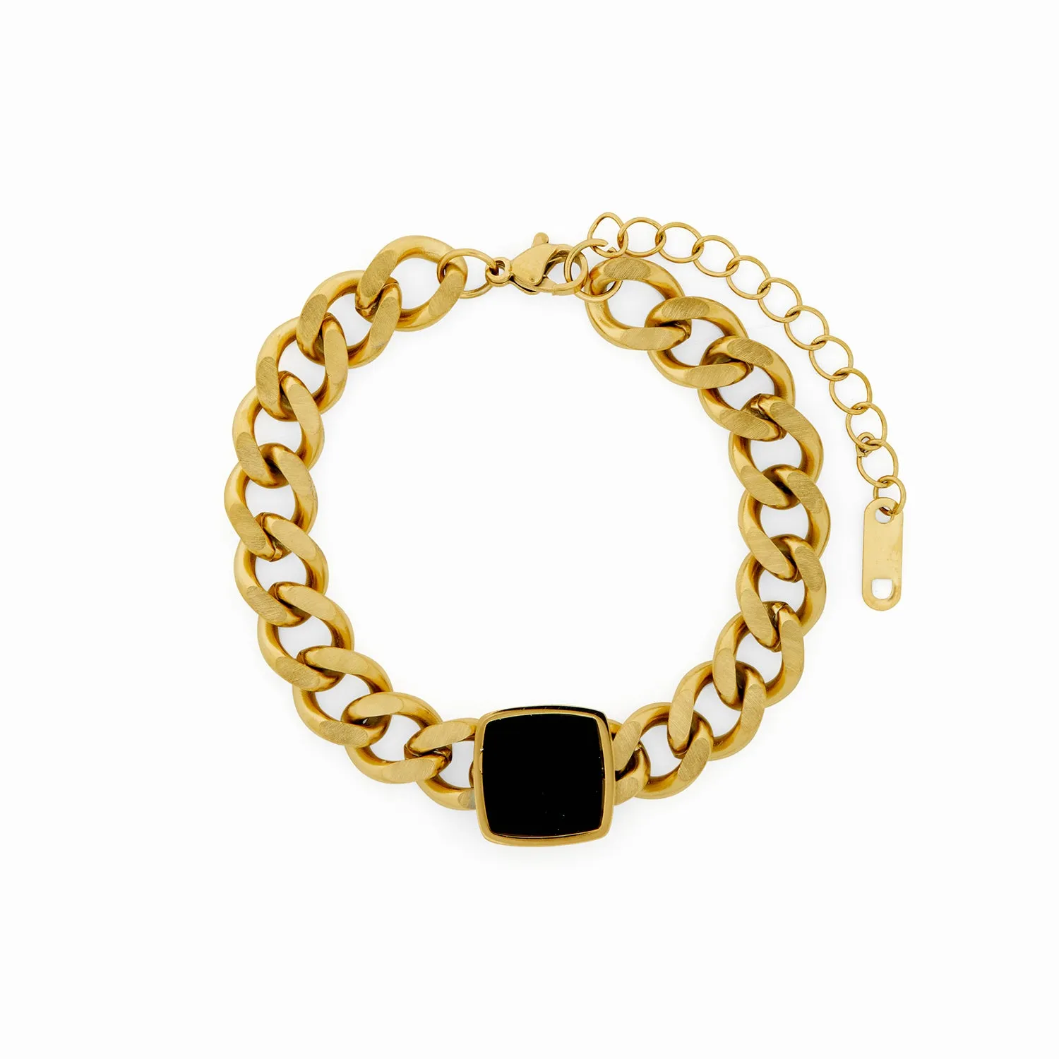 Onyx Square Pendant Cuban Bracelet - Gold