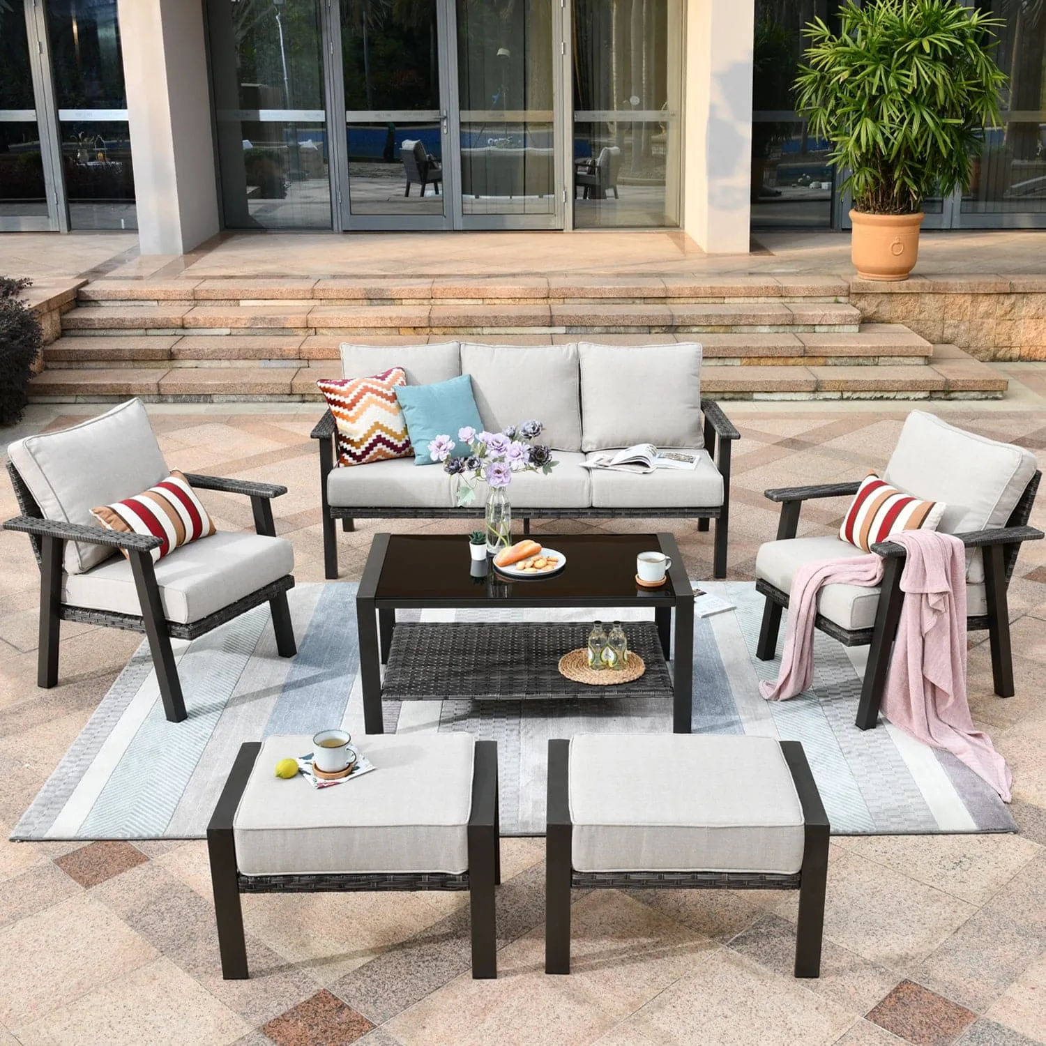 Ovios Patio Furniture Set 6 Piece With Table and Ottoman 5'' Cushion, Olefin Fabric