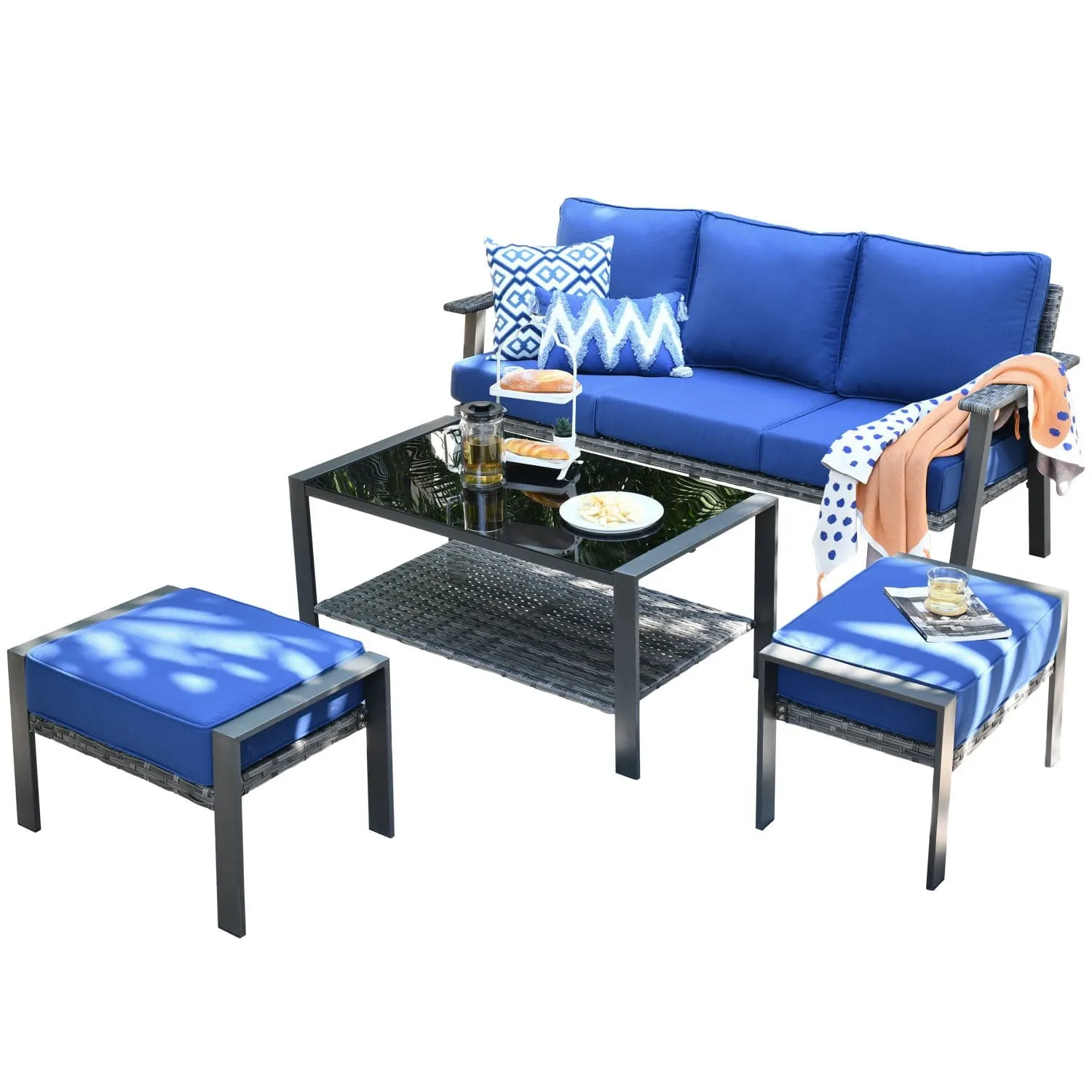 Ovios Patio Furniture Set 6 Piece With Table and Ottoman 5'' Cushion, Olefin Fabric