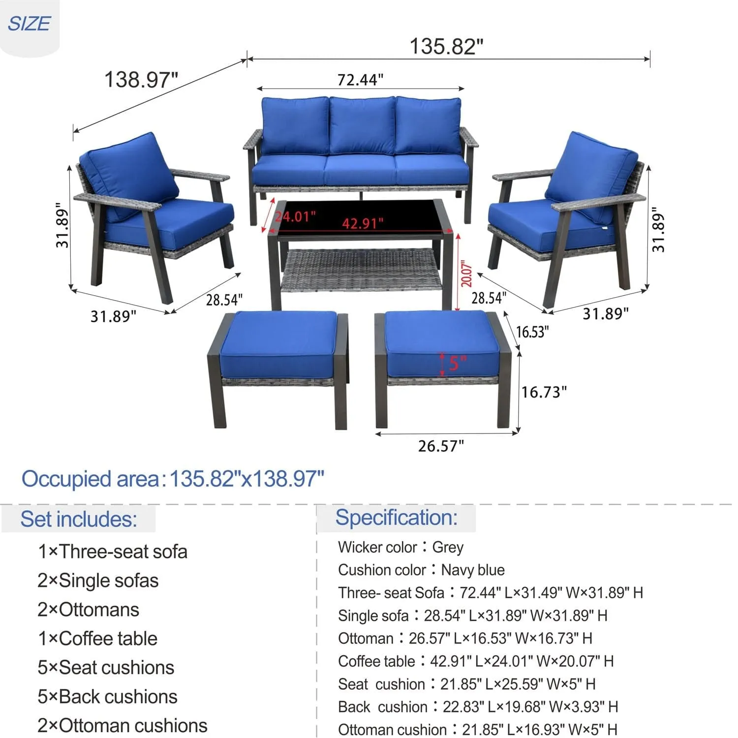 Ovios Patio Furniture Set 6 Piece With Table and Ottoman 5'' Cushion, Olefin Fabric