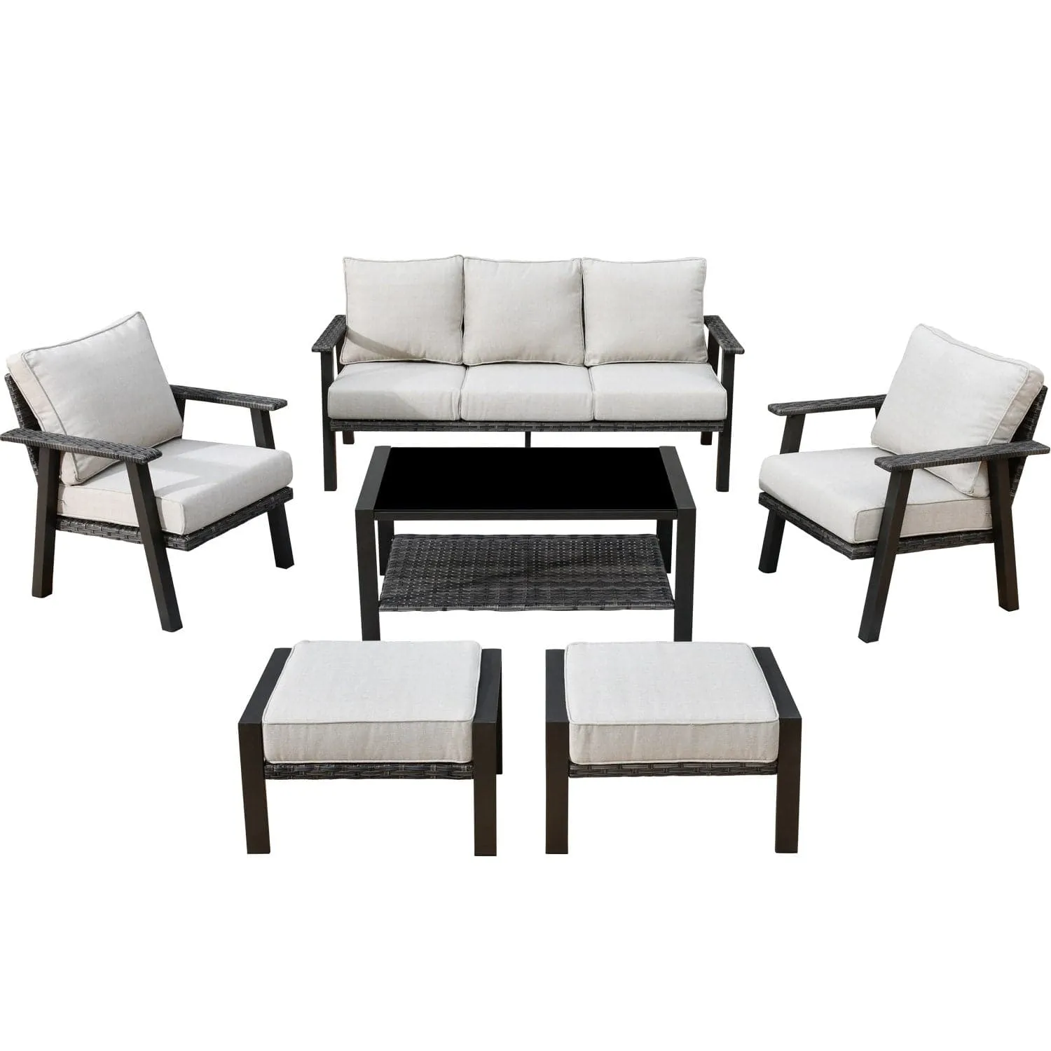 Ovios Patio Furniture Set 6 Piece With Table and Ottoman 5'' Cushion, Olefin Fabric