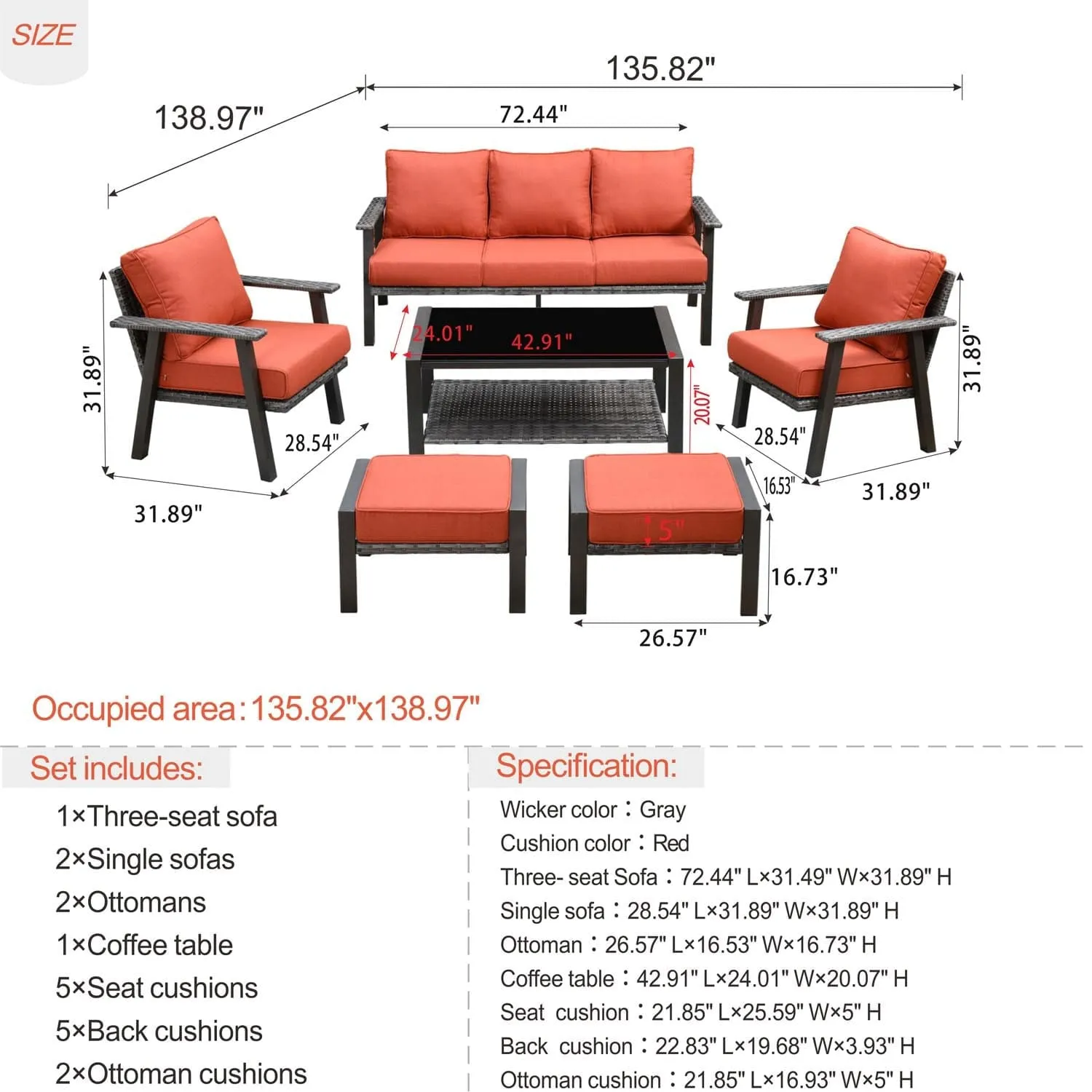 Ovios Patio Furniture Set 6 Piece With Table and Ottoman 5'' Cushion, Olefin Fabric