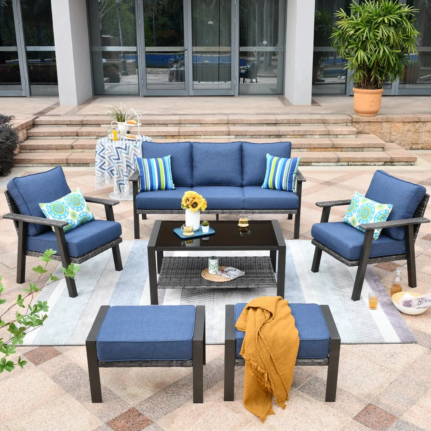 Ovios Patio Furniture Set 6 Piece With Table and Ottoman 5'' Cushion, Olefin Fabric