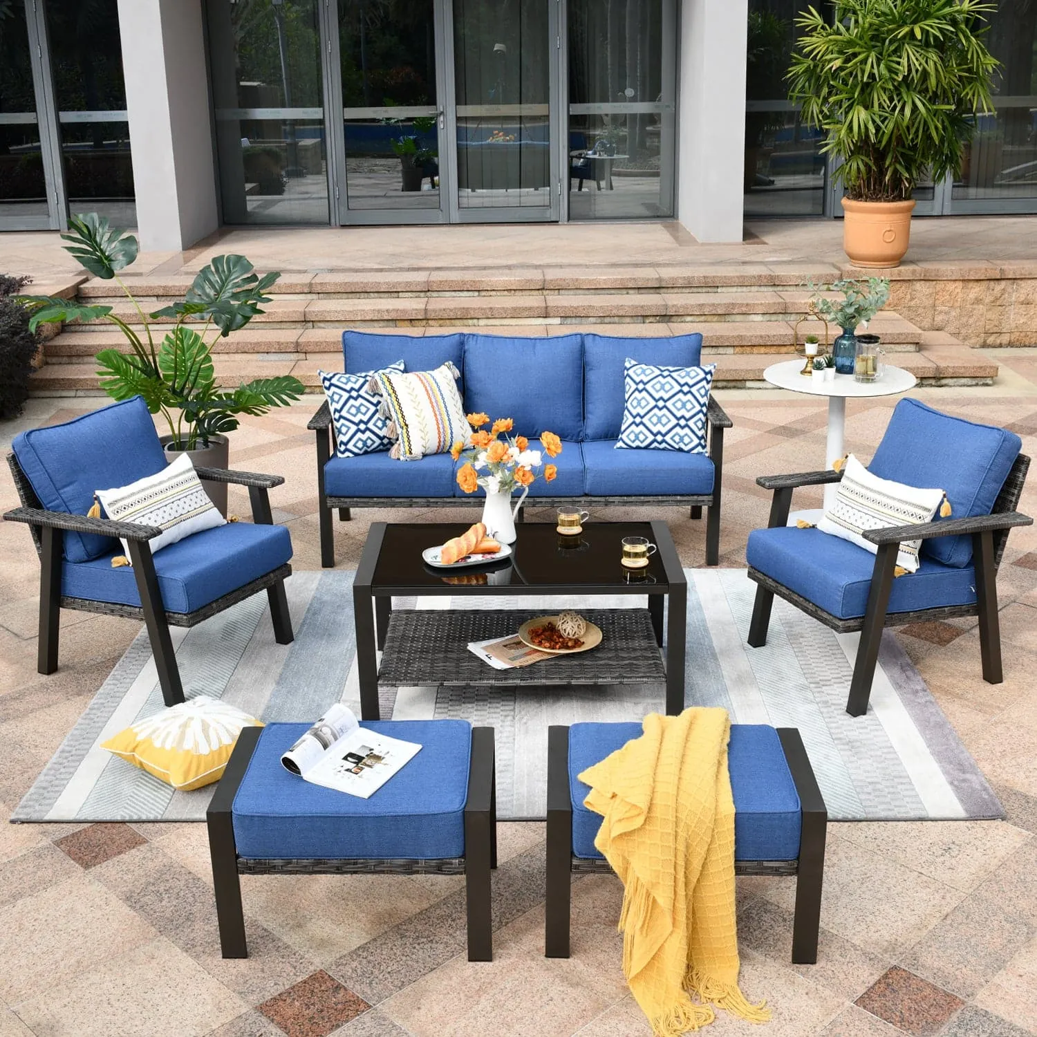 Ovios Patio Furniture Set 6 Piece With Table and Ottoman 5'' Cushion, Olefin Fabric