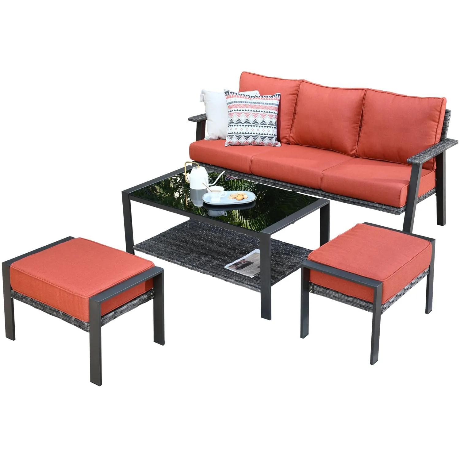 Ovios Patio Furniture Set 6 Piece With Table and Ottoman 5'' Cushion, Olefin Fabric