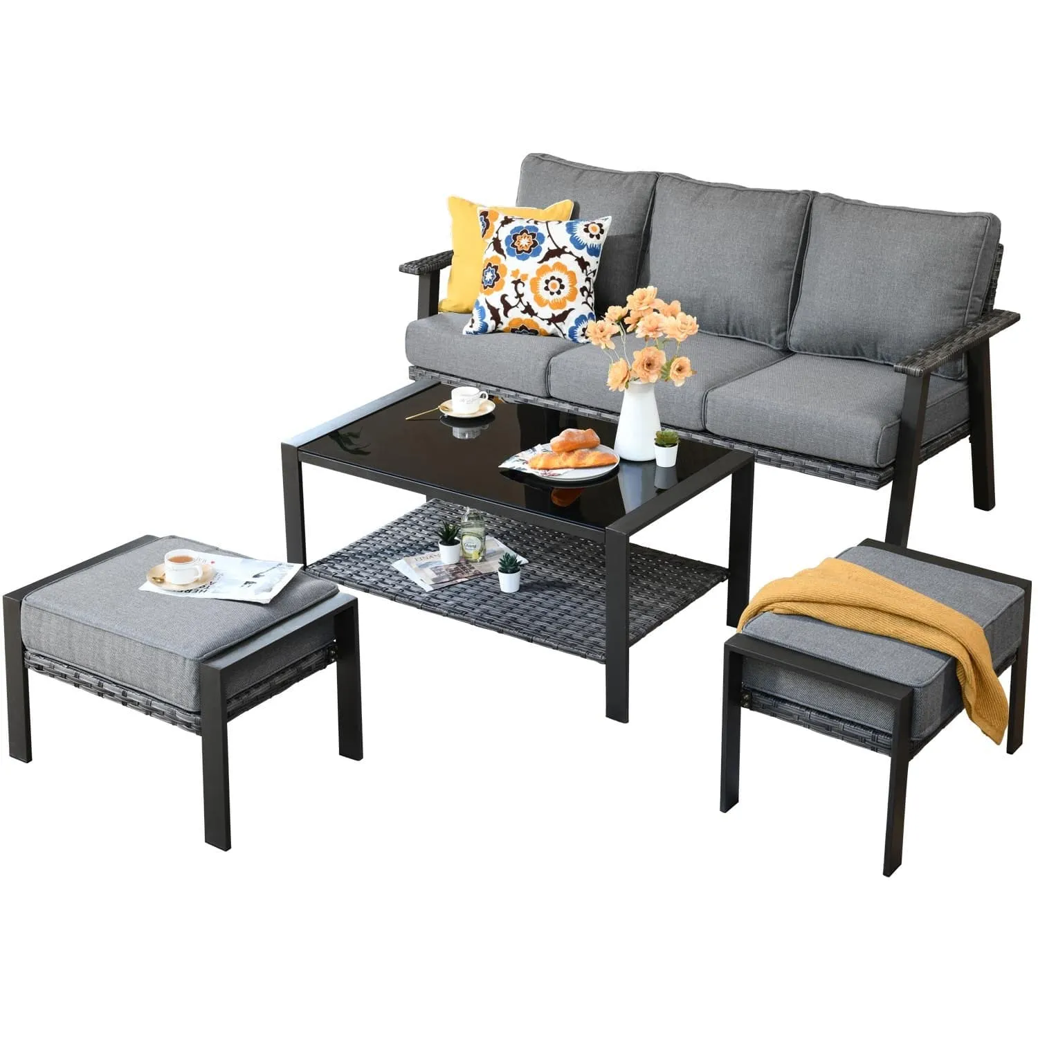 Ovios Patio Furniture Set 6 Piece With Table and Ottoman 5'' Cushion, Olefin Fabric