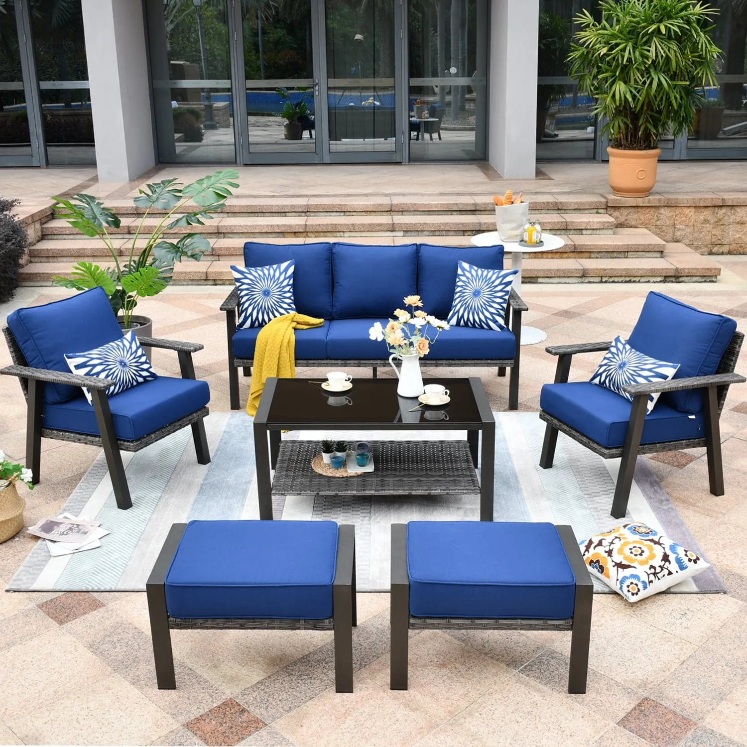 Ovios Patio Furniture Set 6 Piece With Table and Ottoman 5'' Cushion, Olefin Fabric