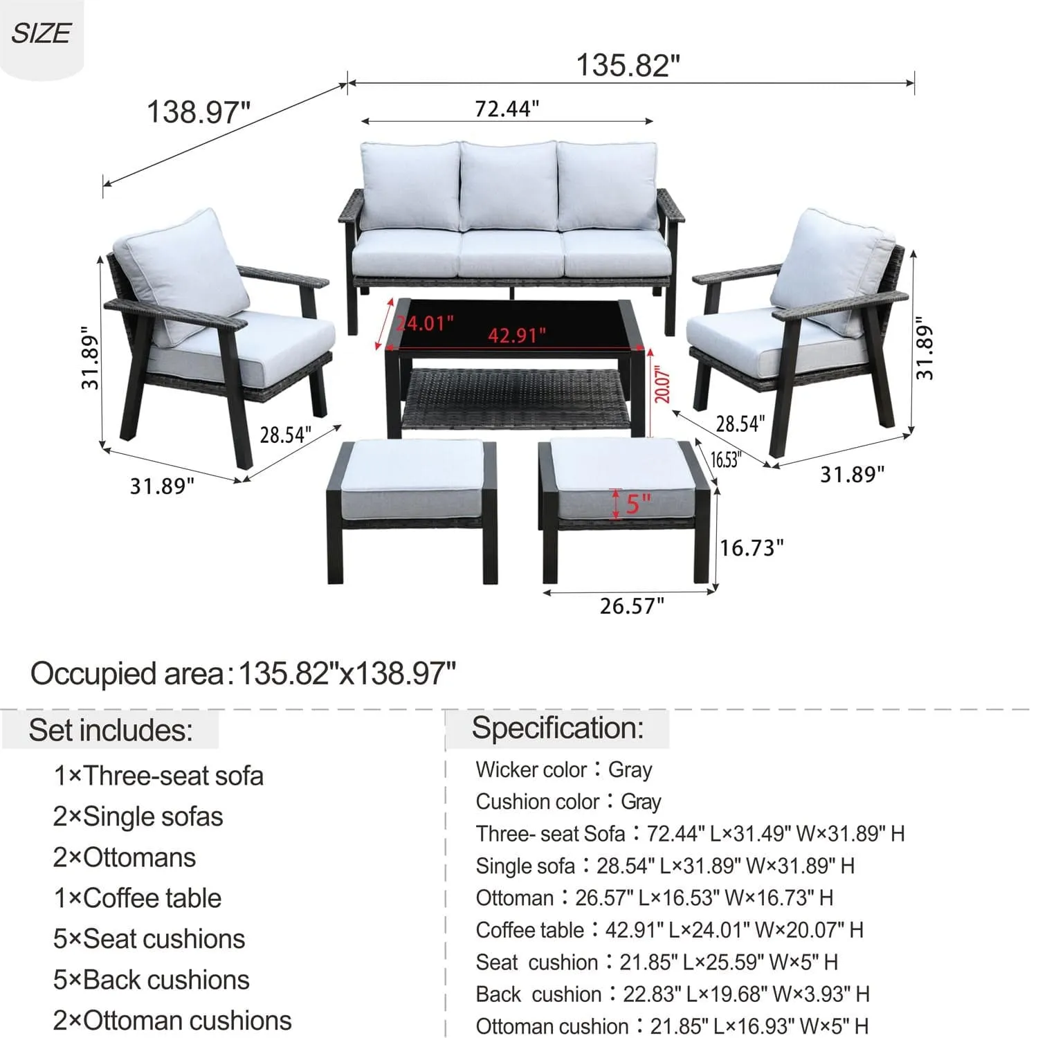 Ovios Patio Furniture Set 6 Piece With Table and Ottoman 5'' Cushion, Olefin Fabric