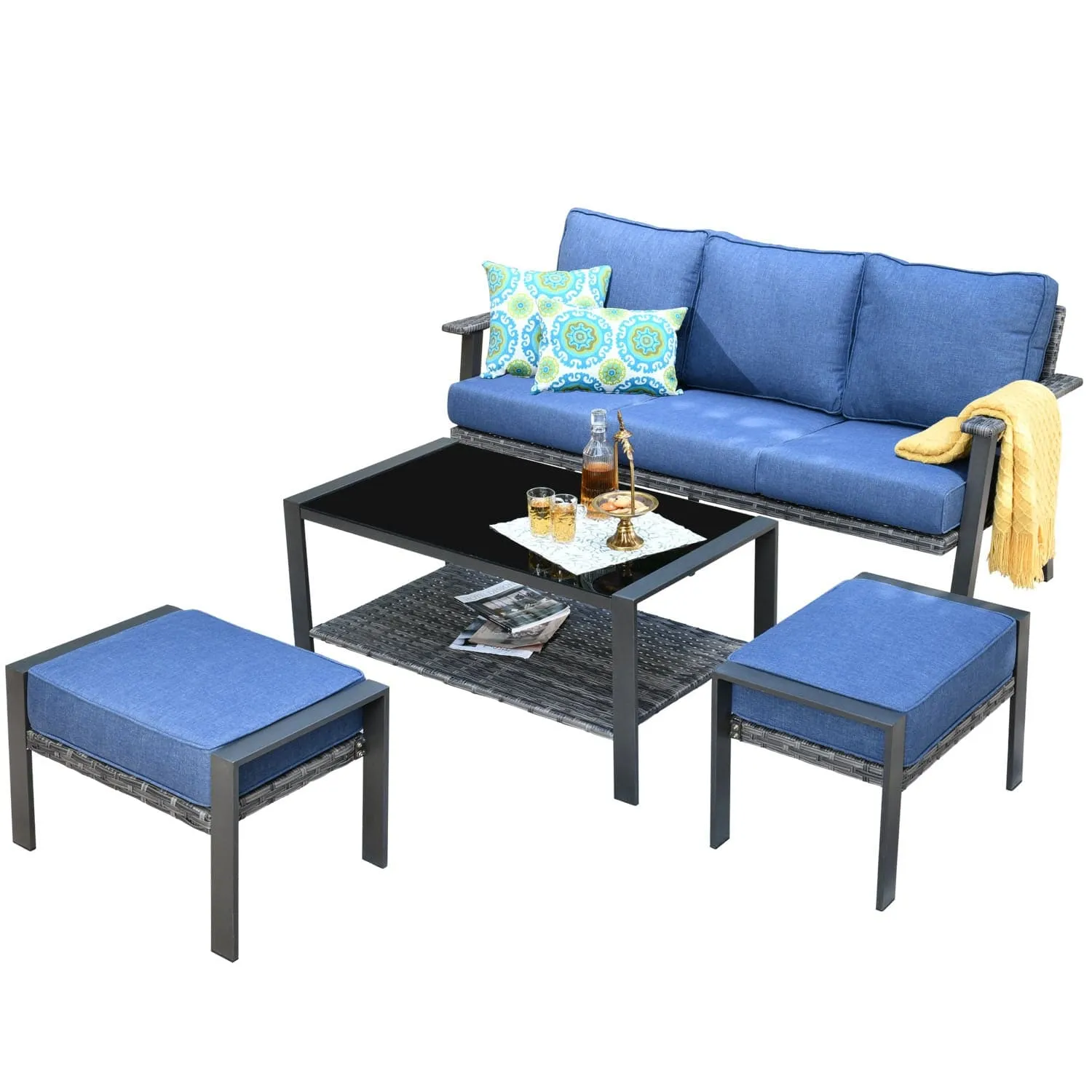 Ovios Patio Furniture Set 6 Piece With Table and Ottoman 5'' Cushion, Olefin Fabric