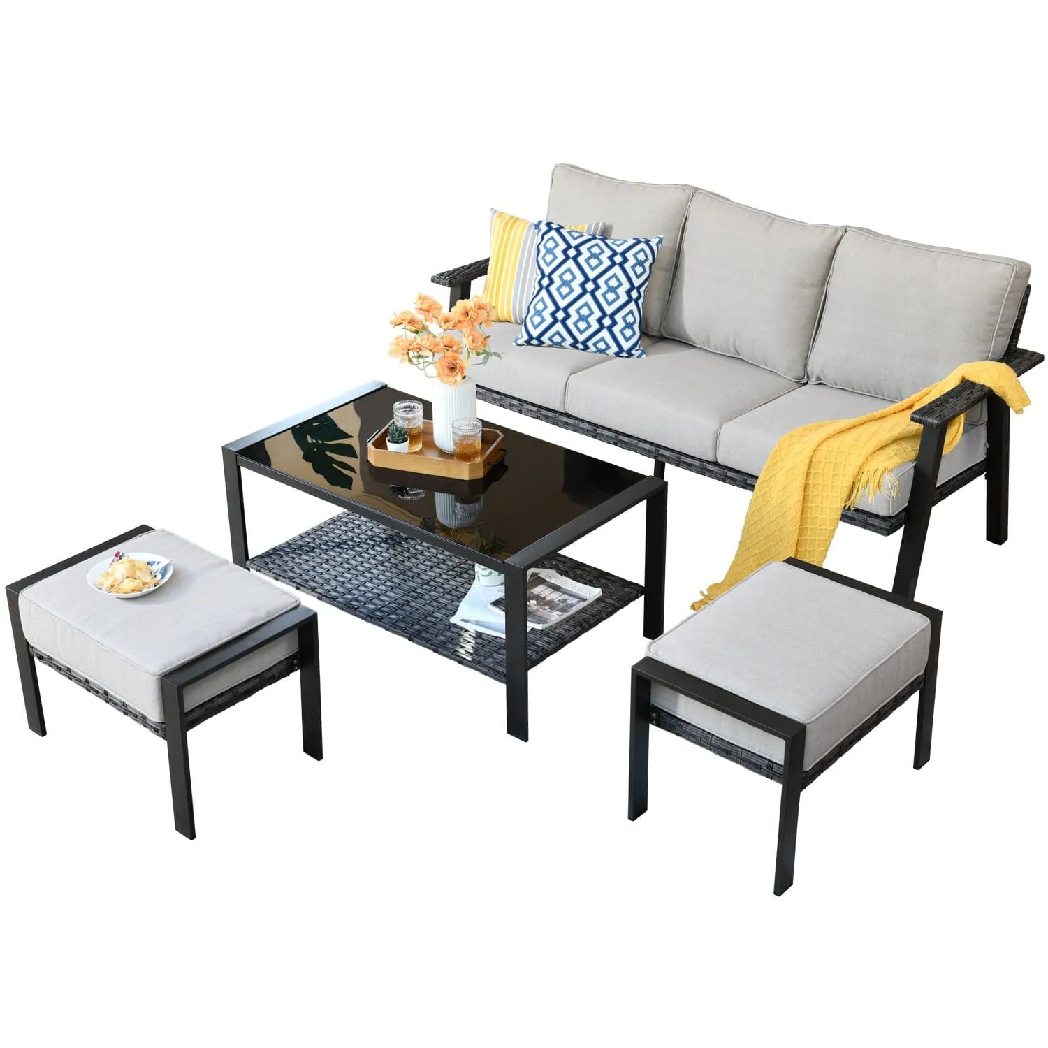 Ovios Patio Furniture Set 6 Piece With Table and Ottoman 5'' Cushion, Olefin Fabric