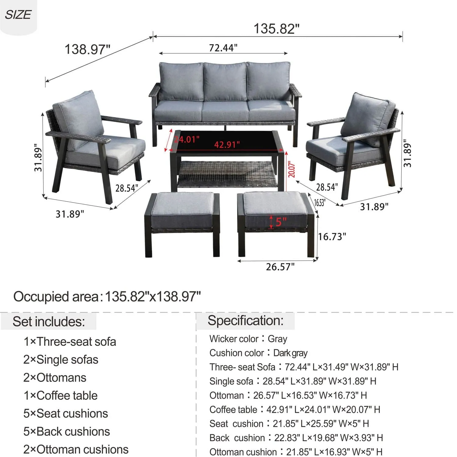 Ovios Patio Furniture Set 6 Piece With Table and Ottoman 5'' Cushion, Olefin Fabric