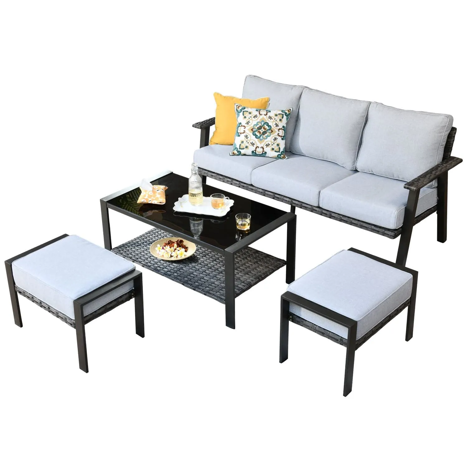 Ovios Patio Furniture Set 6 Piece With Table and Ottoman 5'' Cushion, Olefin Fabric