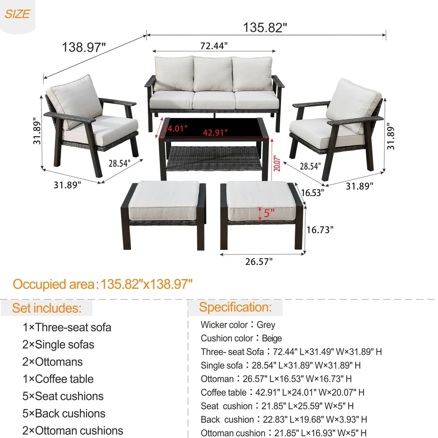 Ovios Patio Furniture Set 6 Piece With Table and Ottoman 5'' Cushion, Olefin Fabric