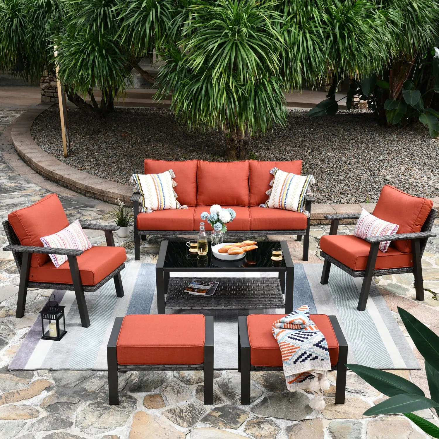 Ovios Patio Furniture Set 6 Piece With Table and Ottoman 5'' Cushion, Olefin Fabric