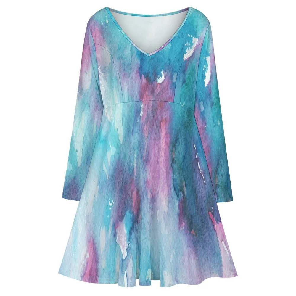 Purple &  Blue Tie-dye V-neck dress