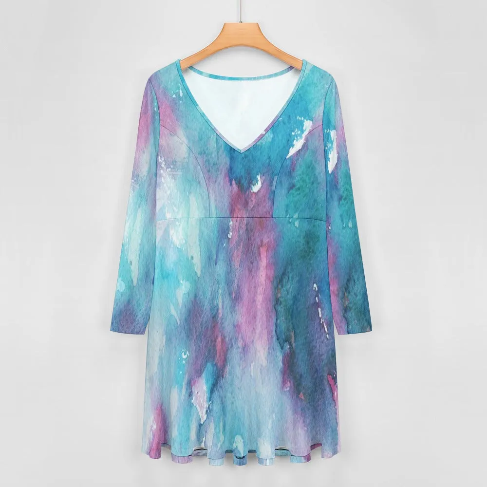 Purple &  Blue Tie-dye V-neck dress