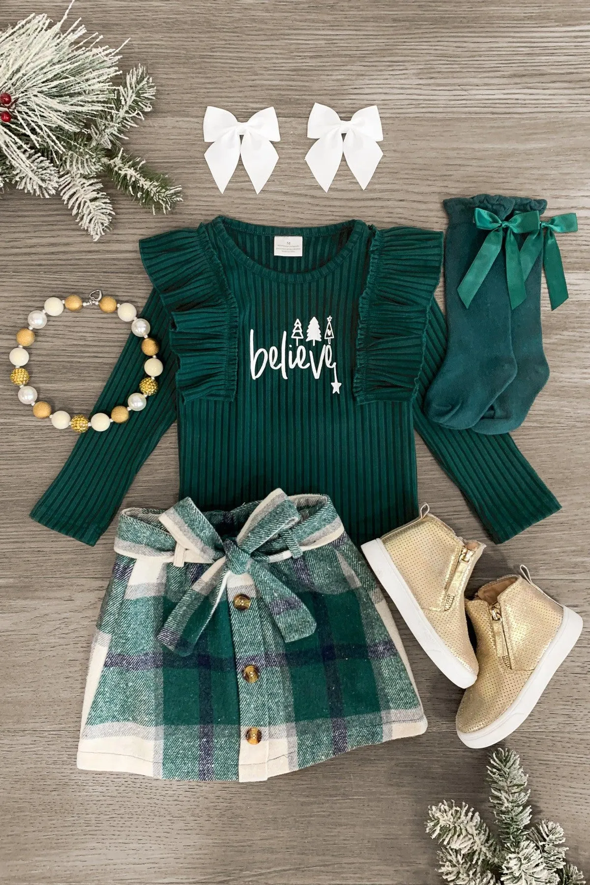 "Believe" Green Flannel Skirt Set