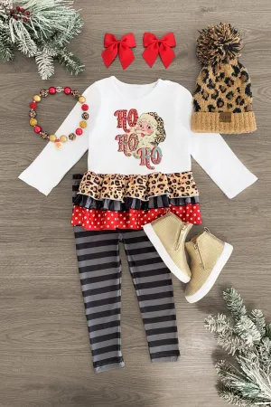 "Ho Ho Ho" Santa Claus Gray Striped Legging Set