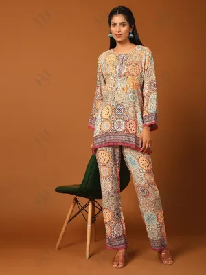 Samma Chikankari Co-ord Set in Polysilk for Women- Orange multicolour Print